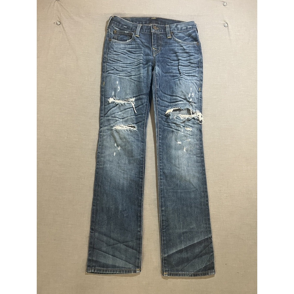 True Religion Herbie‎ Jeans Girls 12 Blue Denim Distressed Zip Pocketed Belted.